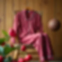 Elegant cherry pajama set displayed on a rustic wooden chair, showcasing the intricate design and soft fabric.