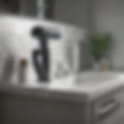 Sleek blowdryer organizer on a bathroom countertop