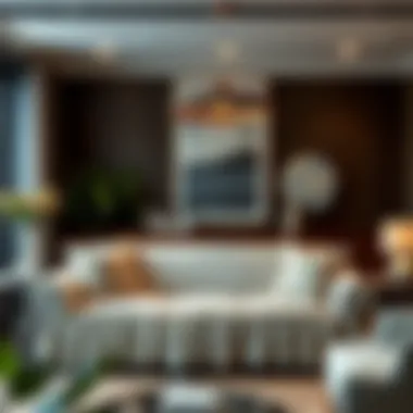 Stylishly arranged living space with ruffled couch cover