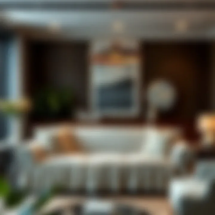 Stylishly arranged living space with ruffled couch cover