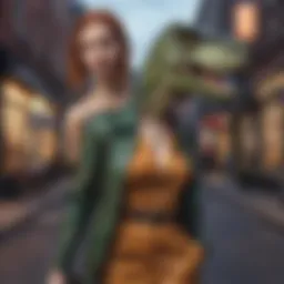 A chic adult wearing a dinosaur-themed fashion outfit in a trendy urban setting