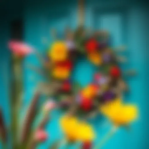 Colorful boho door wreath adorned with dried flowers