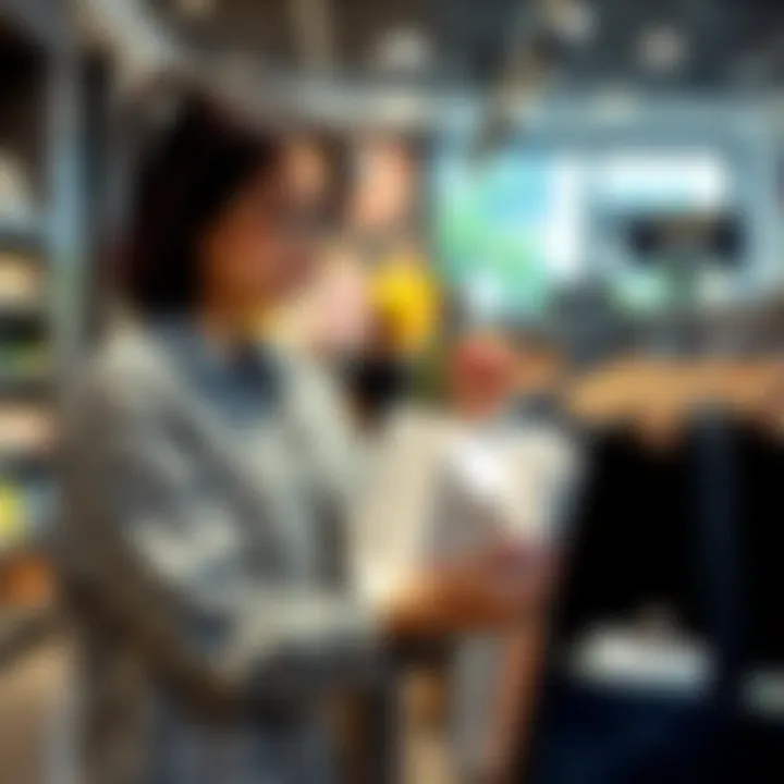 An eco-conscious consumer selecting a net zero bag in a modern retail environment.