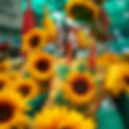 A vibrant collection of sunflower reusable shopping bags displayed in a market setting