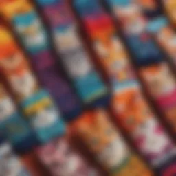 Close-up of vibrant animal face patterns on colorful socks