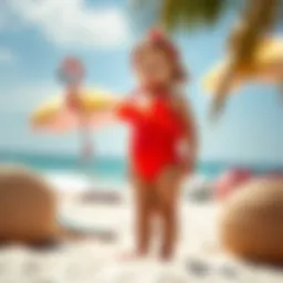Vibrant infant flamingo bathing suit displayed on a sunny beach