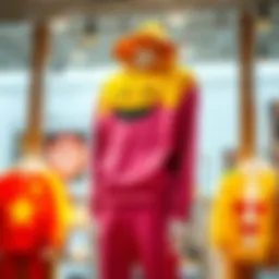 A vibrant emoji sweatsuit displayed on a mannequin