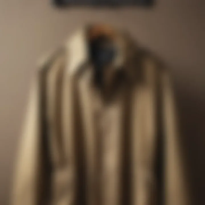 A stylish khaki windbreaker displayed on a vintage coat rack