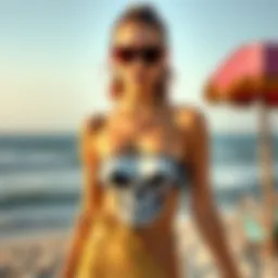 Artistic depiction of a skull tankini swimsuit against a beach backdrop