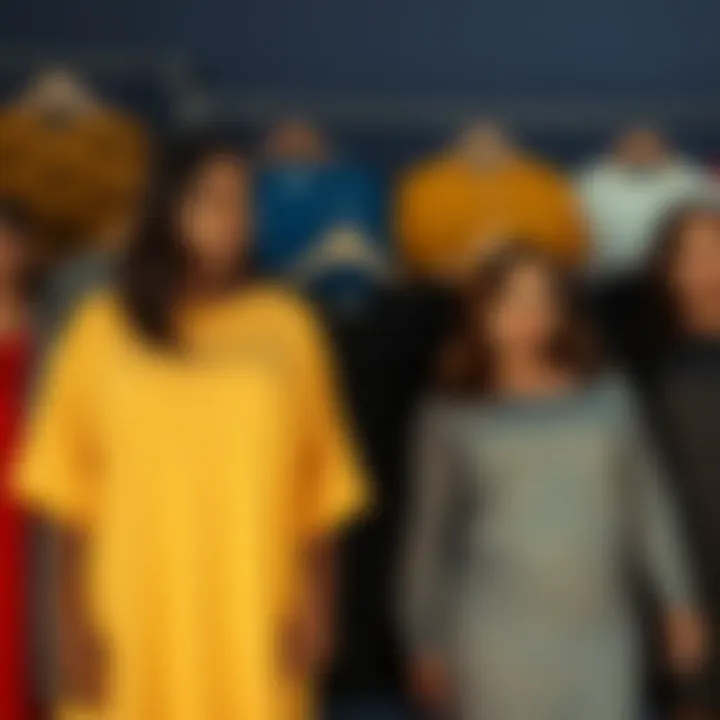Diverse group of long t-shirts in various colors and patterns