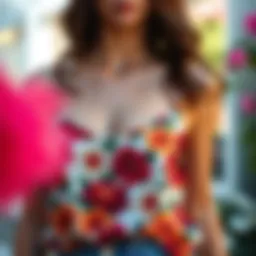 A stylish spaghetti strap summer top in a vibrant floral pattern.