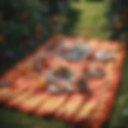 Luxurious picnic blanket spread in a vibrant garden