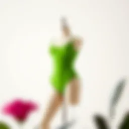 A vibrant green unitard displayed on a mannequin against a minimalist backdrop, showcasing its sleek design.