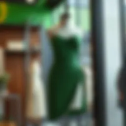 Elegant green two-piece skirt set displayed on a mannequin