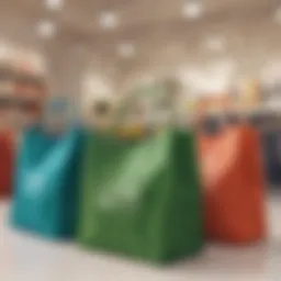 A vibrant collection of washable reusable shopping bags displayed in a retail setting